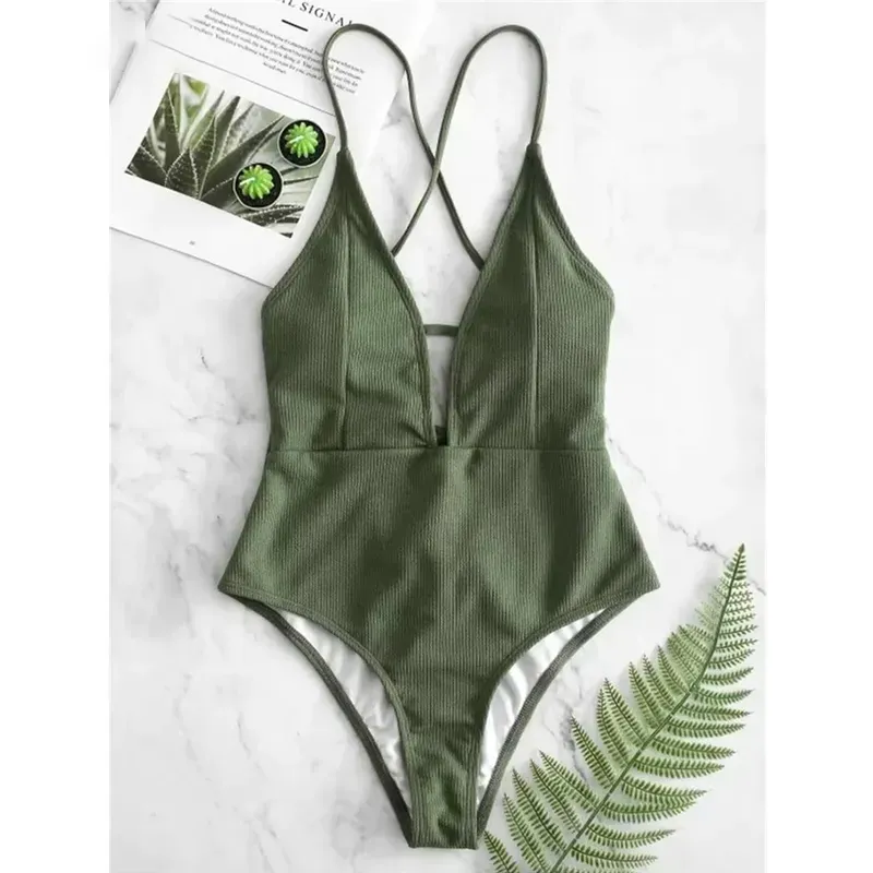 Sexy Deep V Neck One Piece Swimsuit High Cut Backless Women Swimwear Criss-Cross Back One-Piece Swimsuit 2025 | Ribbed High-Cut Monokini